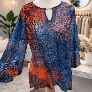 Ruby Rd Women's Blue and Orange Patterned Top Hand Dyed